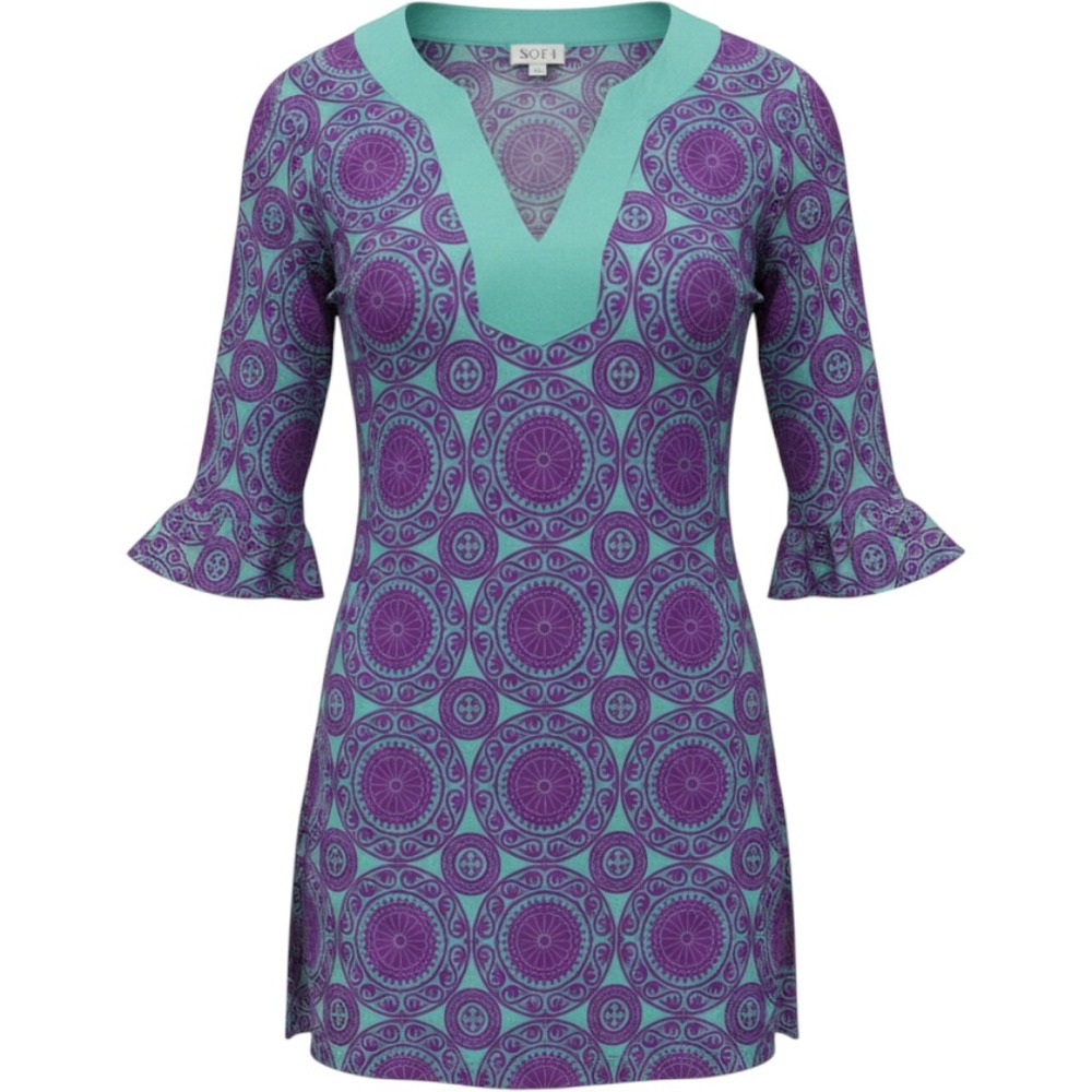 SOFI Gracewear Collection Tunic Top Purple Teal Medallion Print Size M/L
